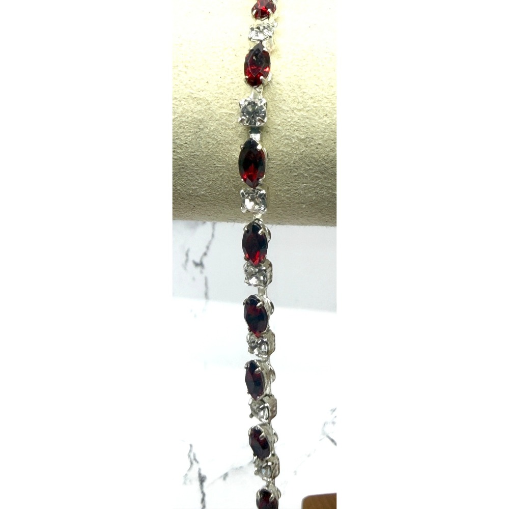 Red White Glass Stone Tennis Bracelet Silver Tone 7 Inch Hinged Clasp